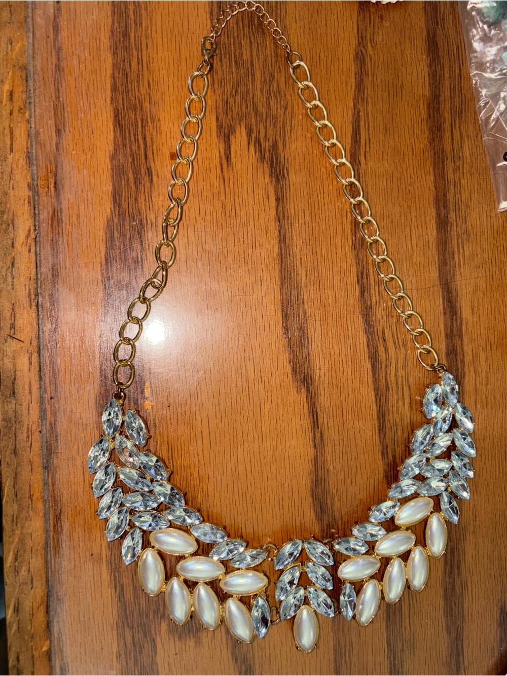 Gold Crystal and Pearl Marquise Statement Necklace 10 3/4 inch